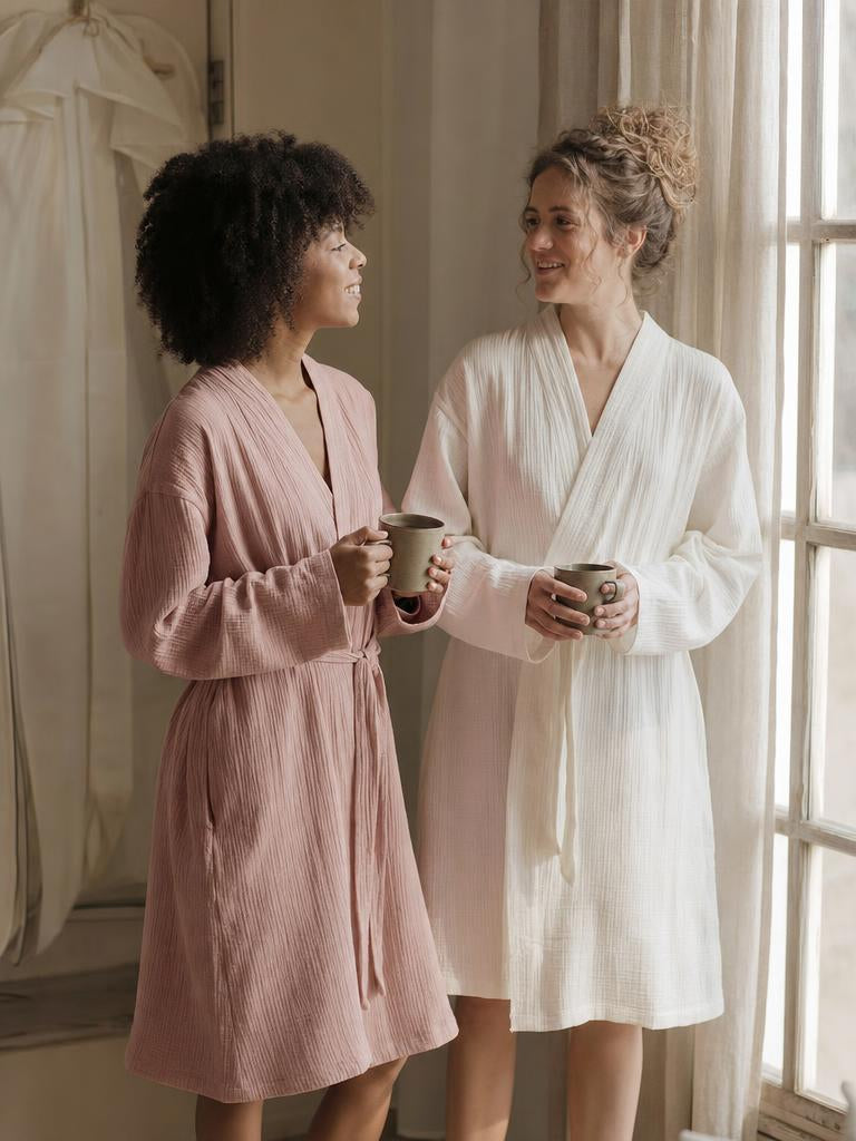 Bridesmaids in muslin robes sharing coffee by a sunny window