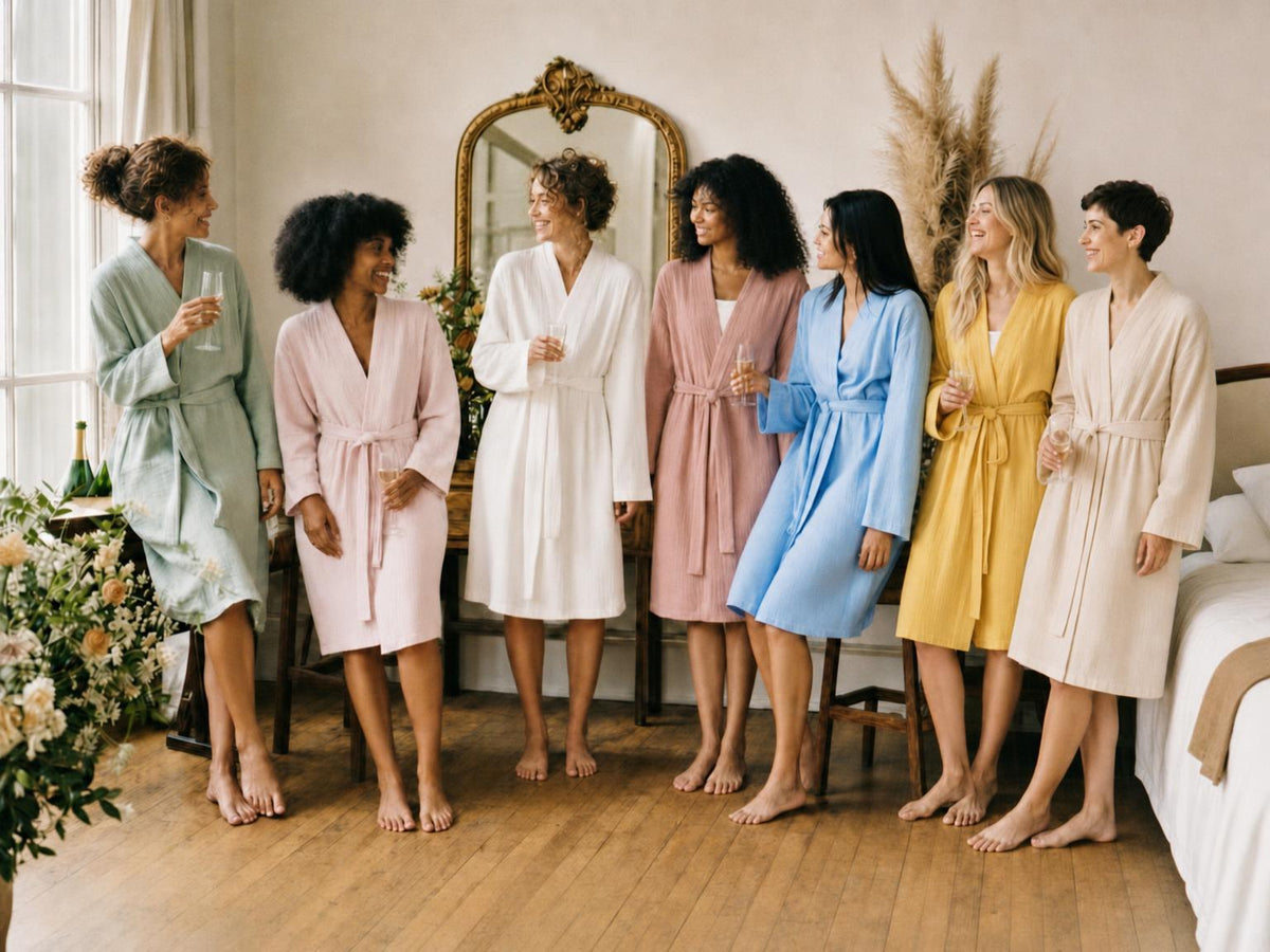 Friends getting ready together in Turkish cotton muslin robes in seven colors