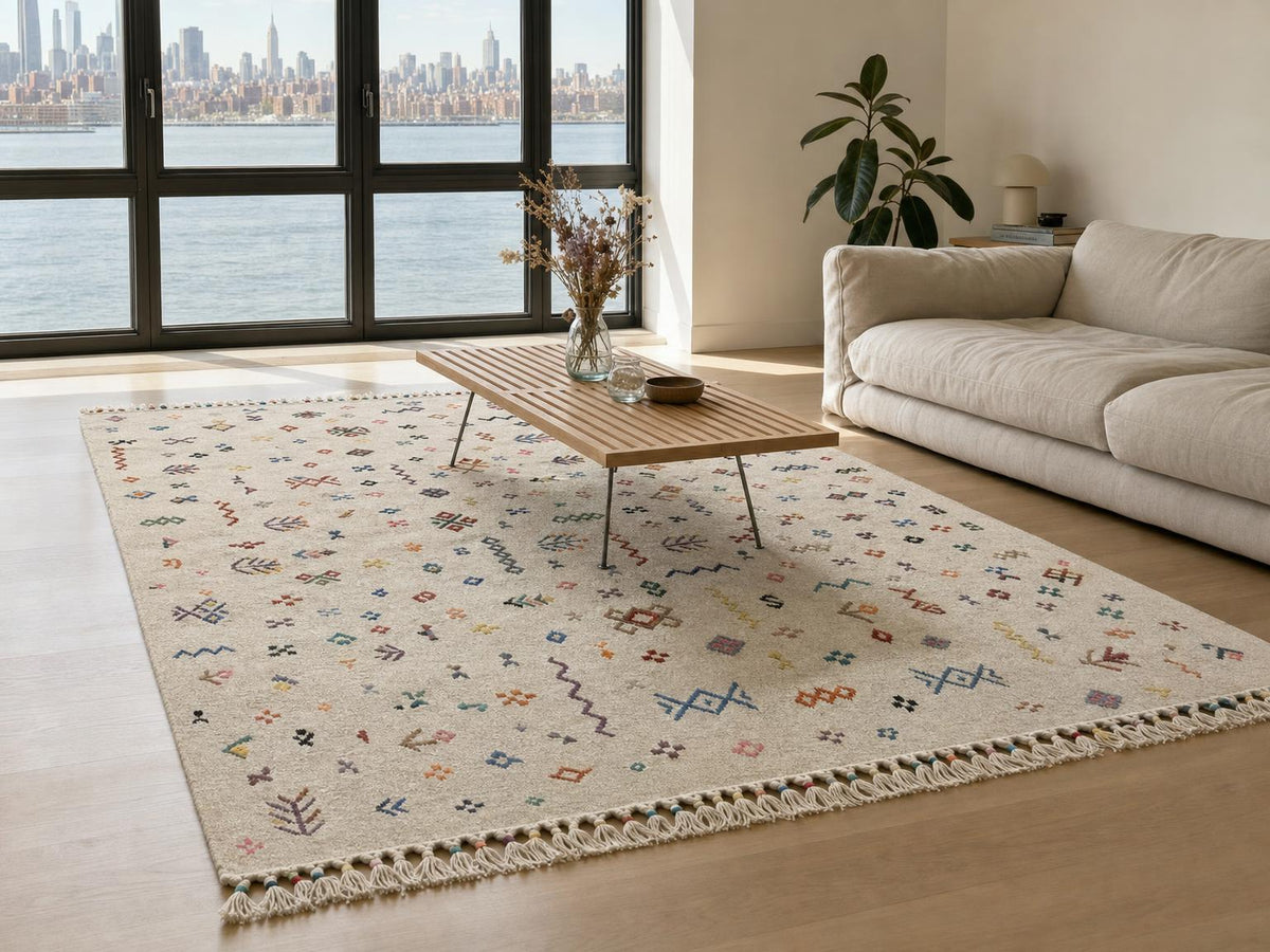 Anatolian Konfeti cotton kilim rug in a sunny loft living room
