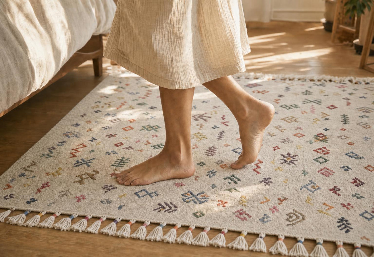 Bare feet in an oatmeal muslin robe stepping onto the Anatolian Konfeti kilim rug