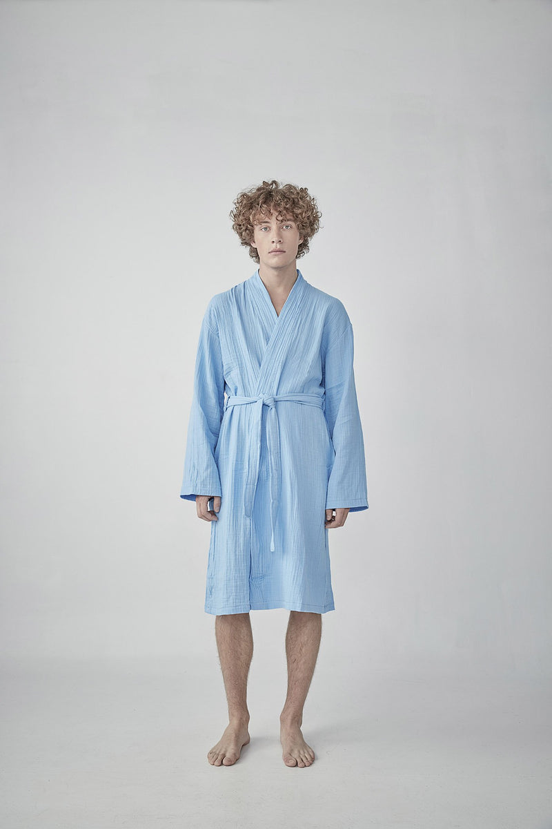 Comfortable sky-blue Turkish cotton bathrobe with a waffle texture, ideal for lounging, featured on ReplenishGoods.com.